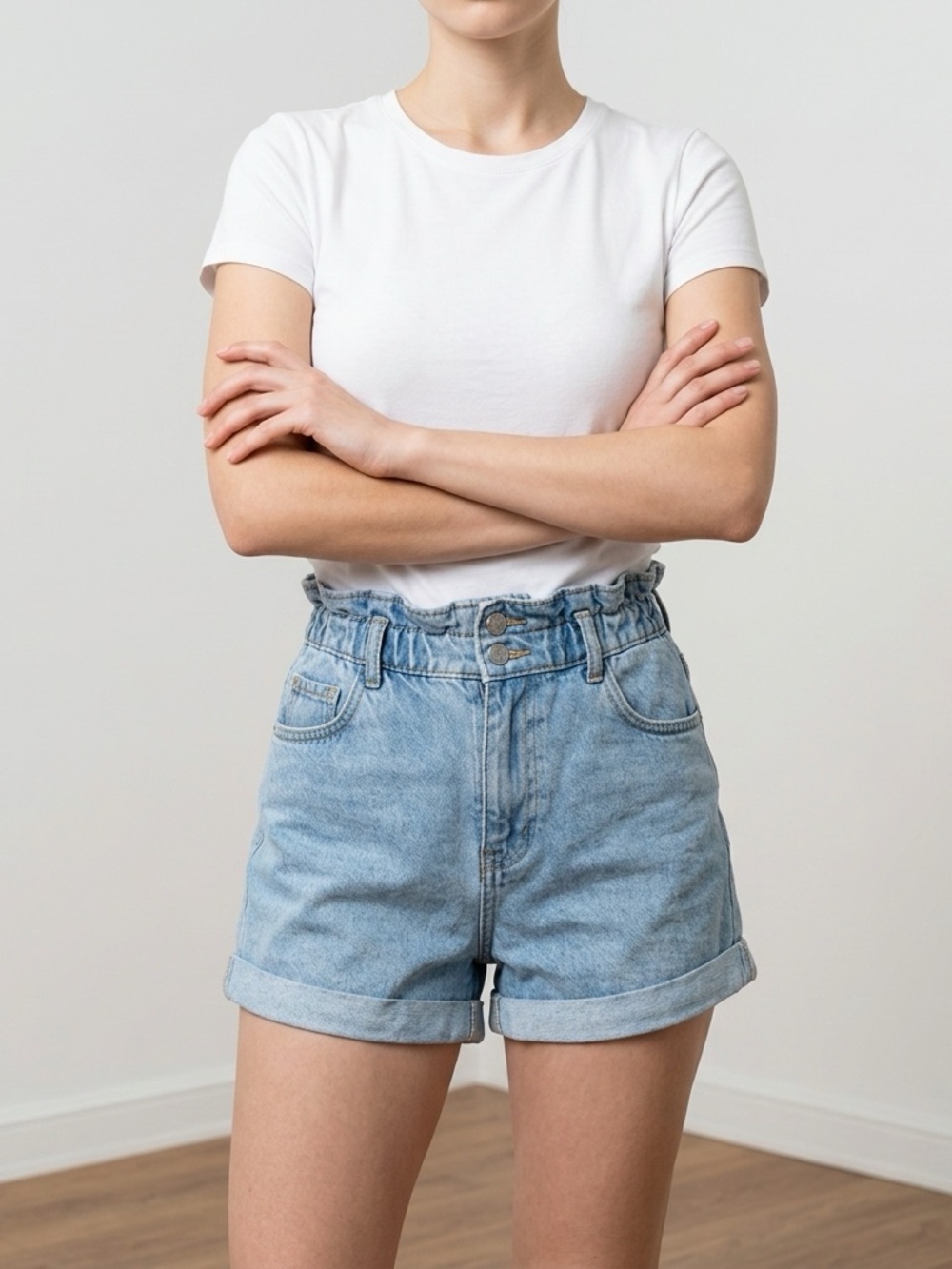 High-Waist Paperbag Light Blue Denim Shorts